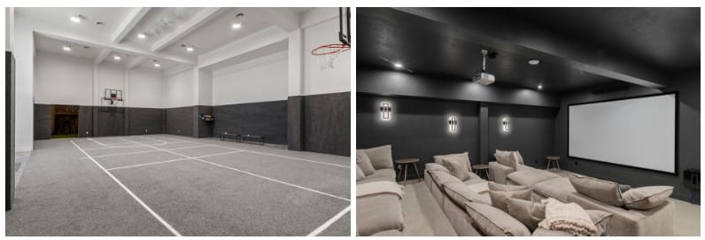 Two images side by side.  The image on the left shows the indoor basketball court.  The image on the right shows the home theater.