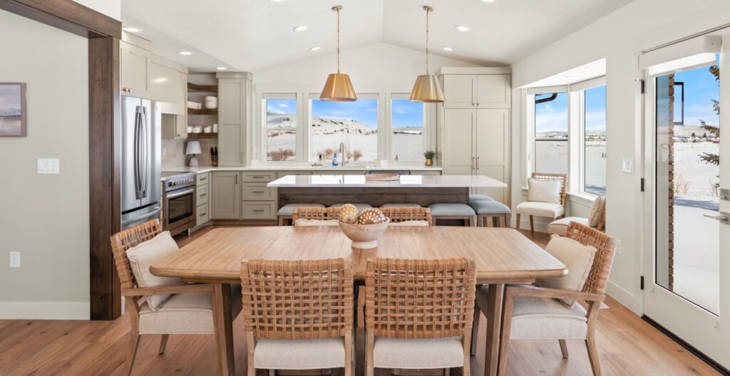 Beautiful open kitchen with a large island, perfect for a winter wellness retreat at Bear Lake.