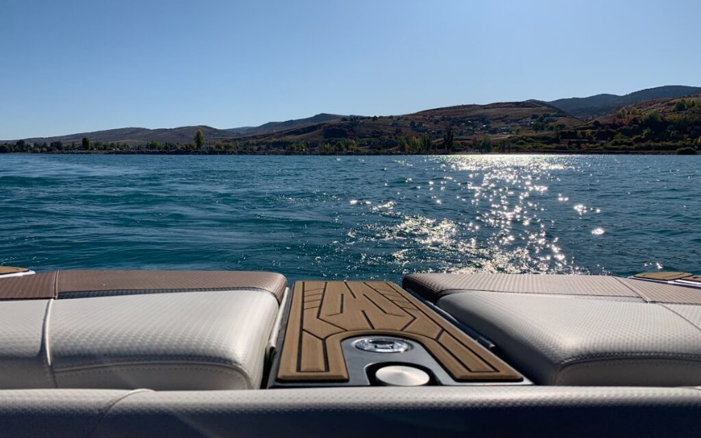 View of Bear Lake from the back of a boat.