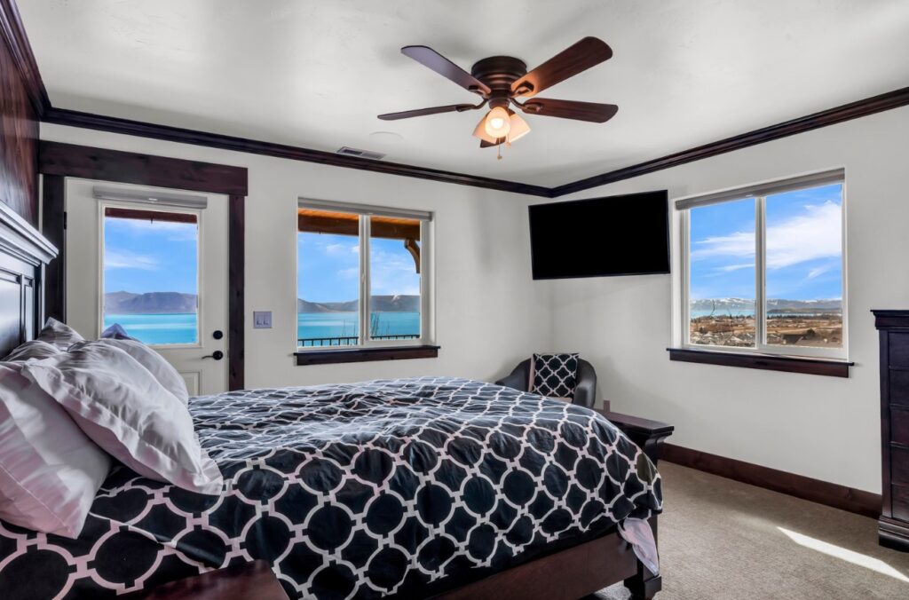 Blackberry Lodge bedroom overlooking Bear Lake.